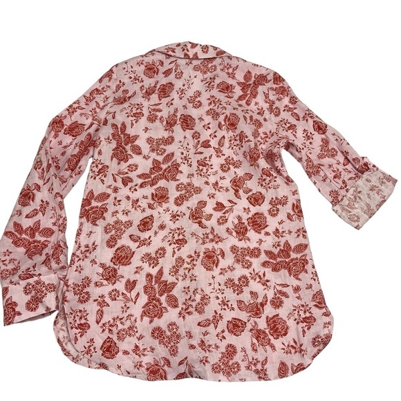 LIKE NEW Zara Baby Pink Floral Print Roll Sleeve 100% Linen Button Down Sz XS - Picture 2 of 7